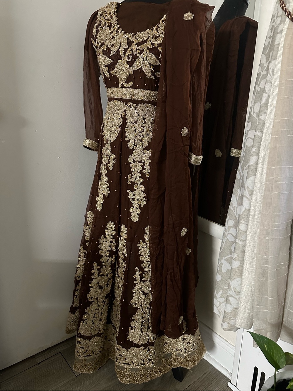 Embroidered Brown Women's Formal maxi Dress with Gold Accents